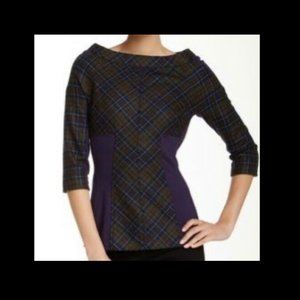 L.A.M.B. Plaid Ponti Wool Blend Top Olive Blue Size 0